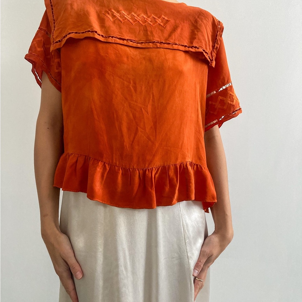 1920s Hand Dyed Silk Collared Blouse in Sunset Orange 🍊